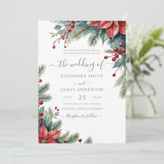 Winter Floral Poinsettia Weihnachtsfeier Grüne Hoc Einladung (Stehend Vorderseite)