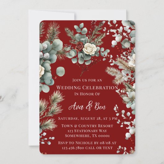 Winter Floral Red Rose Hochzeit Einladung (Vorderseite)