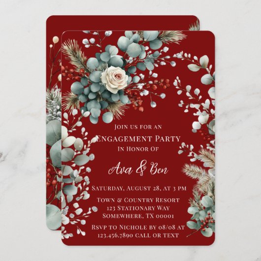 Winter Floral Red White Rose Engagement Party Einladung (Vorne/Hinten)