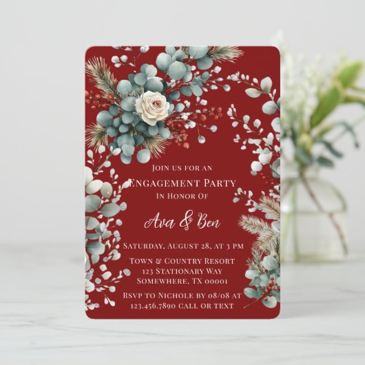 Winter Floral Red White Rose Engagement Party Einladung (Stehend Vorderseite)