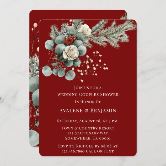 Winter Floral Red White Rose Hochzeitsdusche Einladung (Vorne/Hinten)