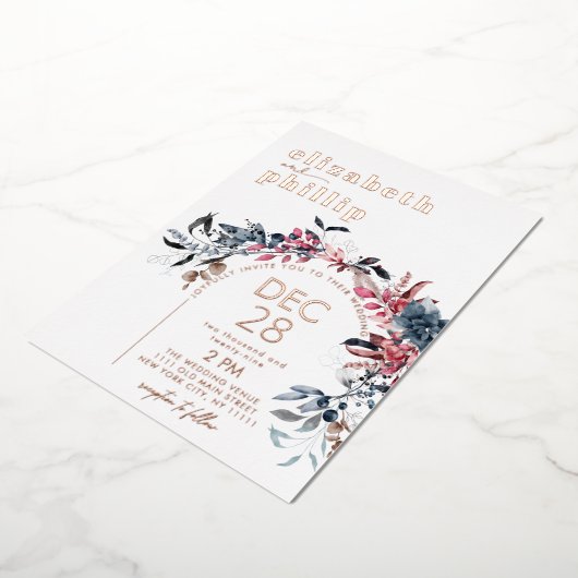 Winter Floral Rose Goldene Weihnachtsfeier Folieneinladung (Gedreht)