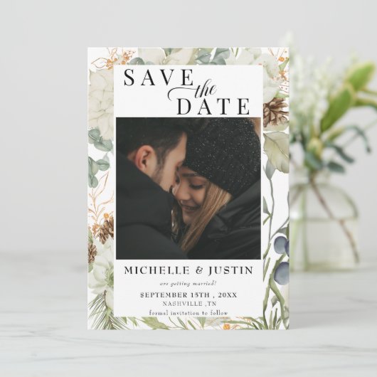 Winter floral | Rustikale Foto-Hochzeit Save The Date (Stehend Vorderseite)