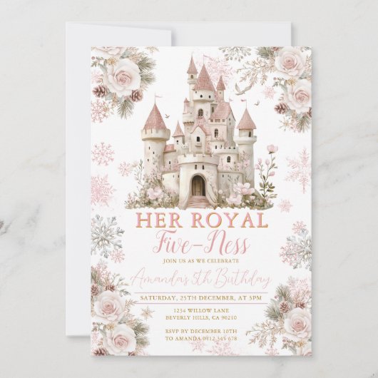 Winter Floral Schneeflocke königliche Fünfheit Geb Einladung (Vorderseite)