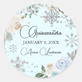Winter Floral Silver und Light Blue Quinceanera Runder Aufkleber
