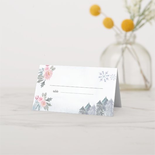 Winter Floral Snowflakes Baby Dusche Platzkarte (Vorderseite)