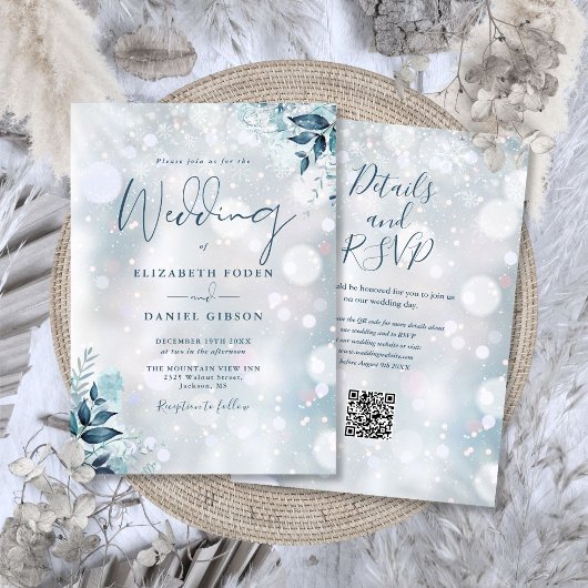 Winter Floral Snowflakes QR Code Hochzeit Einladung