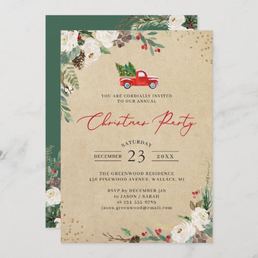 Winter Floral Vintag Truck Weihnachts-Party Einladung (Vorne/Hinten)