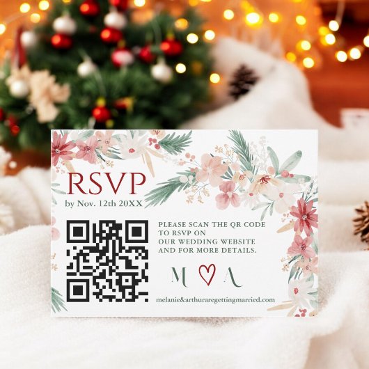 Winter Floral Watercolor Wedding RSVP QR Code Karte
