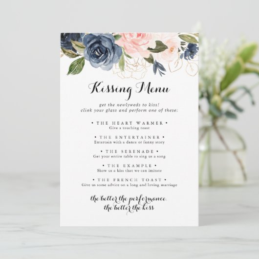 Winter Floral Wedding Kissing Menu Game Card (Stehend Vorderseite)
