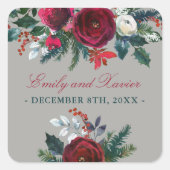 Winter Floral Weihnachten Dezember Hochzeit Quadratischer Aufkleber (Vorderseite)