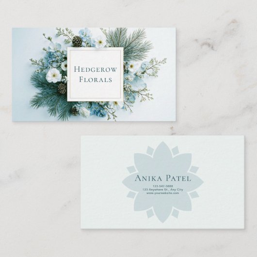 Winter Floral White and Blue Pine Cone Gold Frame Visitenkarte (Vorne/Hinten)