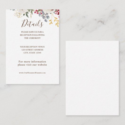 Winter Floral White Roses Red Berries Gold Blätter Begleitkarte (Vorne/Hinten)