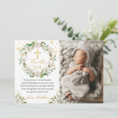 Winter Floral Wreath Taufe Foto Danke Karte (Stehend Vorderseite)