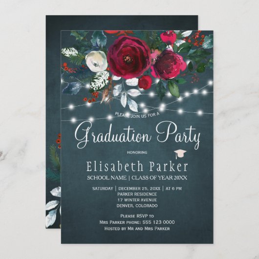Winter florale elegante burgundy Abschlussfeier Einladung (Vorne/Hinten)