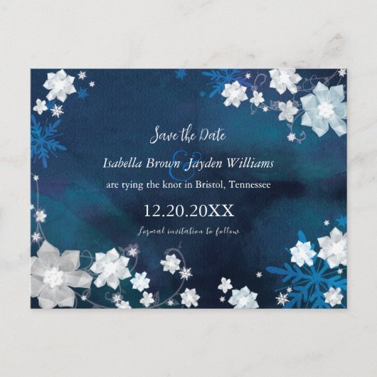 Winter florale Navy Blue Wedding retten das Datum Ankündigungspostkarte (Vorderseite)