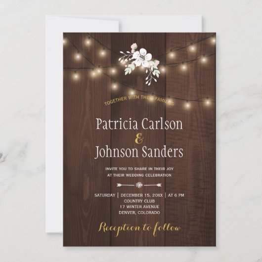 Winter florale Rustikale Hochzeit | String Lights Einladung (Vorderseite)
