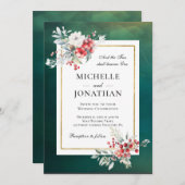 Winter Florals Frame auf grüner Christlicher Hochz Einladung (Vorne/Hinten)