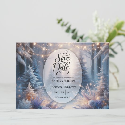 Winter Florals in Mattierten Pines Hochzeit Save The Date (Stehend Vorderseite)