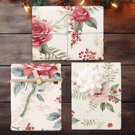 Winter Florals in Rosa Rot und Weiß, Weihnachten Geschenkpapier Set