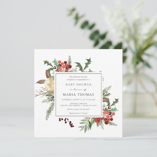 Winter Florals und Evergreen Baby Dusche Einladung (Stehend Vorderseite)