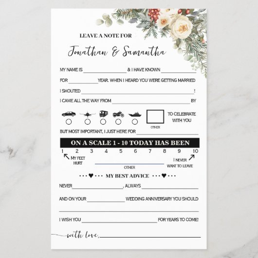 Winter Flowers Note for Couple Wedding Game Card Flyer (Vorne)