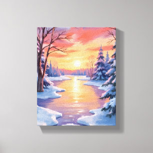 Winter-Fluss-Sonnenuntergangs-Landschaft Schnee Aq Leinwanddruck