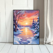 Winter-Fluss-Sonnenuntergangs-Landschaft Schnee Aq Poster