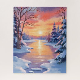 Winter-Fluss-Sonnenuntergangs-Landschaft Schnee Aq Puzzle