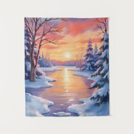 Winter-Fluss-Sonnenuntergangs-Landschaft Schnee Aq Wandteppich