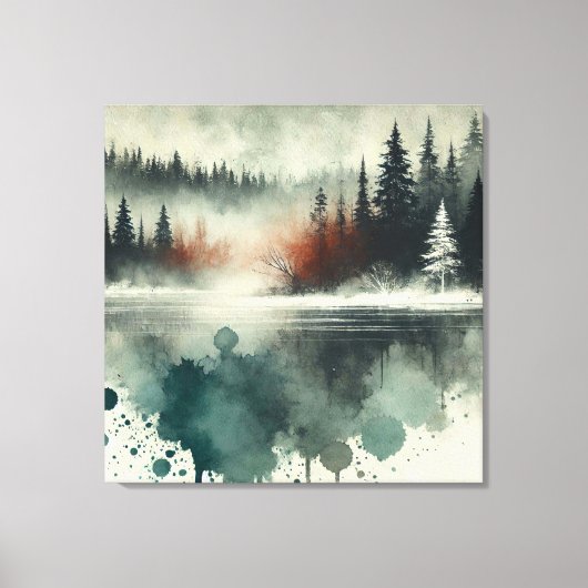 Winter Fog Mountain Forest mit Red Sunset Accent Leinwanddruck (Vorderseite)