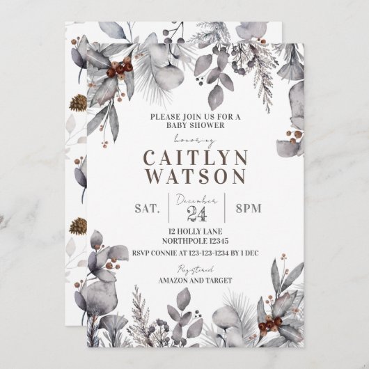 Winter Foliage, Berries Baby Dusche Einladung (Vorne/Hinten)