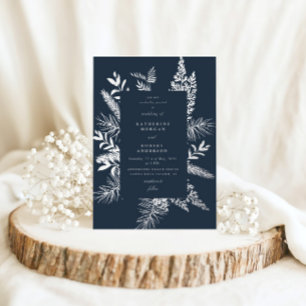 Winter Foliage Dark Blue Elegante Hochzeit Folieneinladung