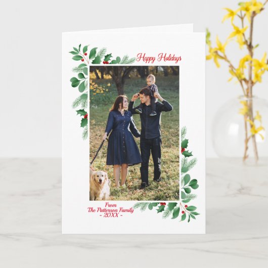 Winter Foliage Happy Holidays Foto Karte (Gelbe Blume)