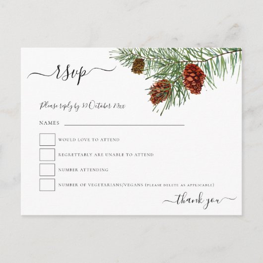 Winter Foliage Pine Cones Weihnachtshochzeit RSVP Postkarte (Vorderseite)