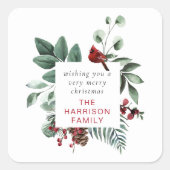 Winter Foliage Red Kardinal Custom Frohe Weihnacht Quadratischer Aufkleber (Vorderseite)