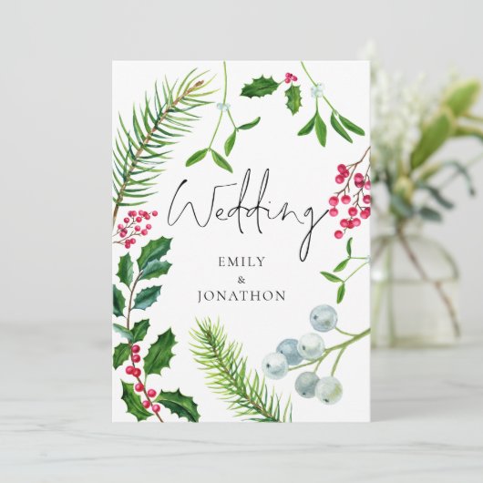 Winter Foliage Script WeihnachtsHochzeit Einladung (Stehend Vorderseite)
