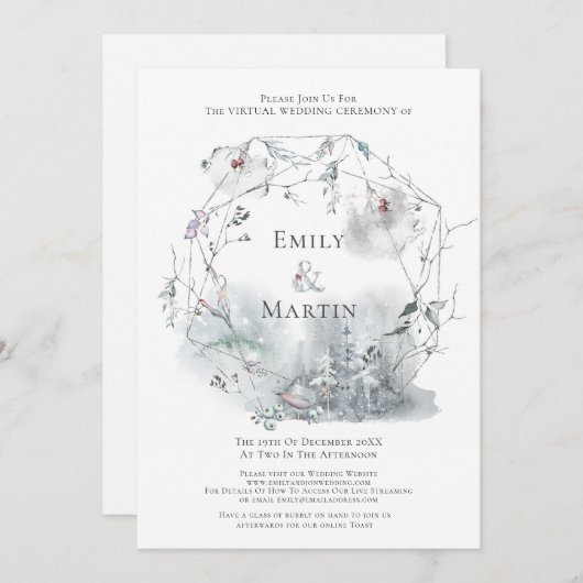 Winter Foliage Watercolor Berries Virtual Wedding Einladung (Vorne/Hinten)
