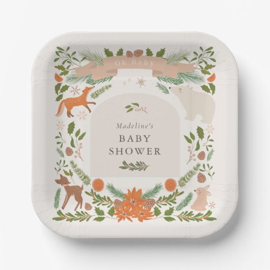 Winter Foliage Woodland Animals Kinderdusche Pappteller (Vorderseite)