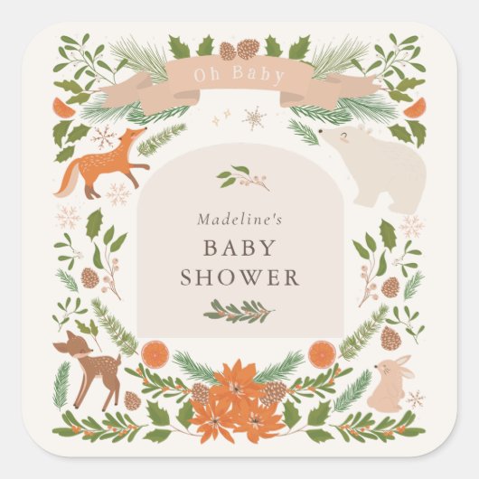 Winter Foliage Woodland Animals Kinderdusche Quadratischer Aufkleber (Vorderseite)