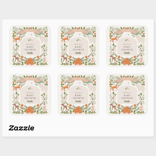 Winter Foliage Woodland Animals Kinderdusche Quadratischer Aufkleber (Blatt)