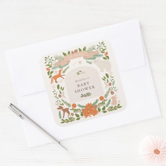 Winter Foliage Woodland Animals Kinderdusche Quadratischer Aufkleber (Umschlag)