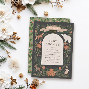 Winter Foliage Woodland Animals Navy Baby Dusche Einladung