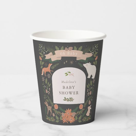 Winter Foliage Woodland Animals Navy Baby Dusche Pappbecher (Rückseite)