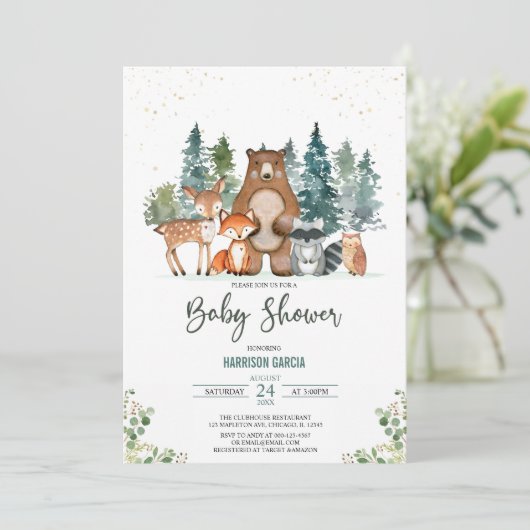 Winter Forest Animals Woodland Baby Dusche Einladung (Stehend Vorderseite)