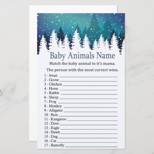 Winter Forest Baby Animes Name Spiel Babydusche (Vorne/Hinten)