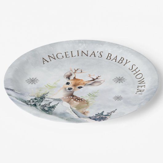 Winter Forest Baby Deer Baby Dusche Pappteller (Schrägansicht)