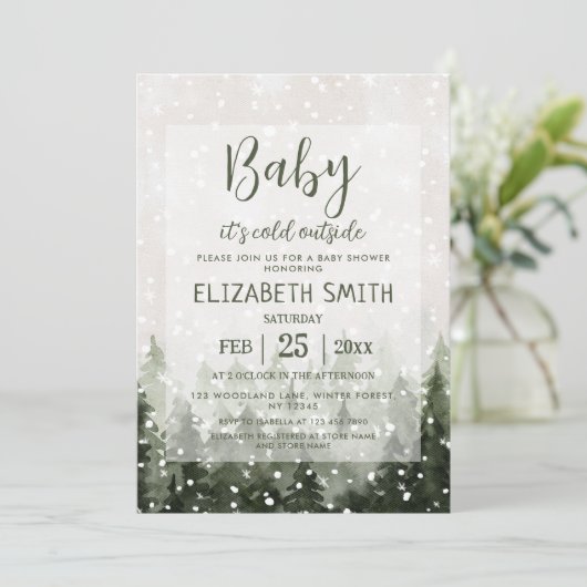 Winter Forest Baby Es ist kalte Outside Babydusche Einladung (Stehend Vorderseite)