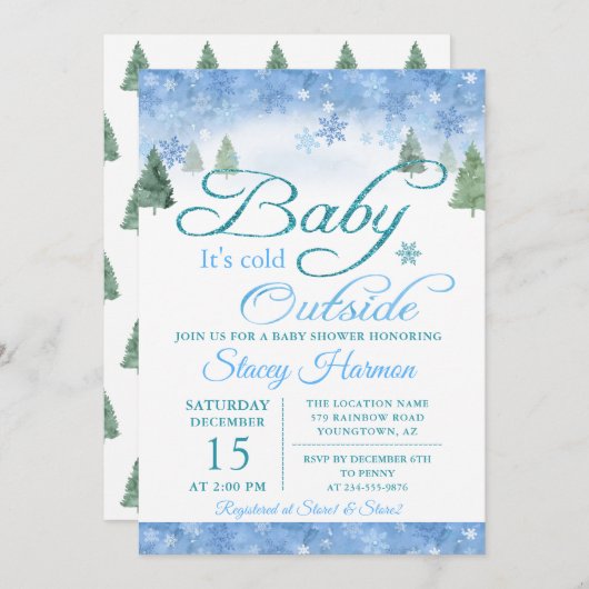 Winter Forest Baby seine kalte Außendusche Einladung (Vorne/Hinten)