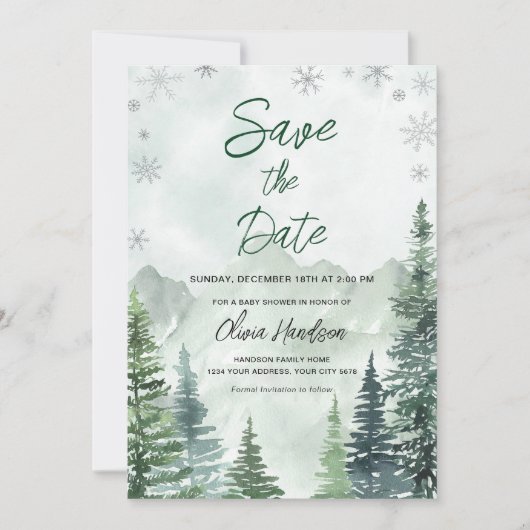 Winter Forest Baby Shower Save the Date Einladung (Vorderseite)